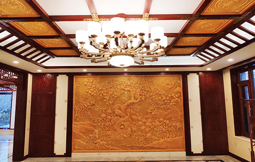 锦屏中式别墅客厅中式木作横梁吊顶装饰展示